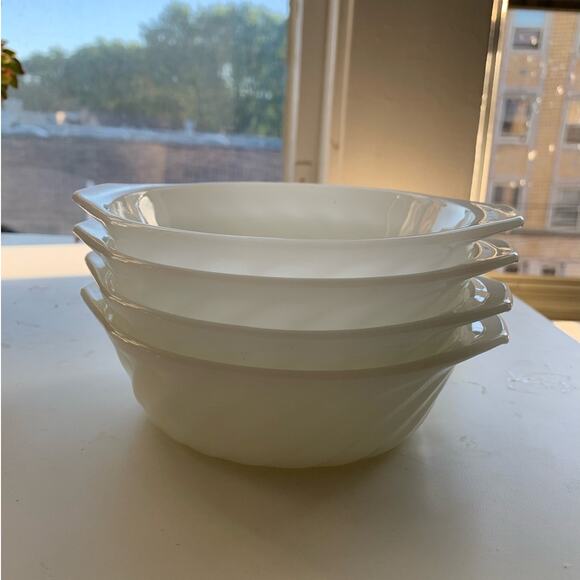 VINTAGE Set of 4 Fire King Milk Glass Ripple Mini Casserole Ramekins w/ Handles - Picture 3 of 10